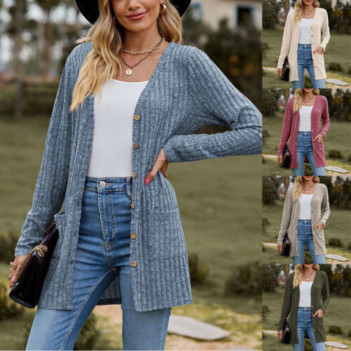 Women Cardigan Sweater Jumper Tops Coat Casual Button V Neck Knit Medium Long
