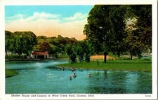 Shelter House and Lagoon, West Creek Park Canton OH Vintage Postcard F30