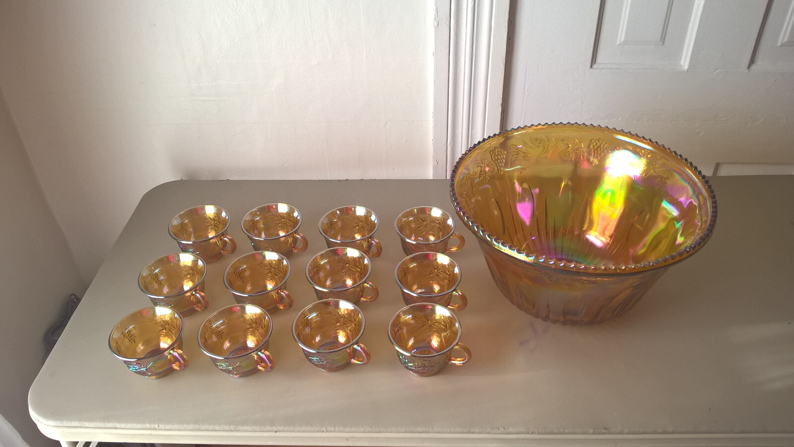 Indiana Carnival Glass Punch Bowl 12 Cups Set Grape Leaf Iridescent Gold Vintage