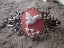 WHITE ON PINK HUMMINGBIRD CAMEO SILVER FILIGREE BARRETTE - BRIDAL -WEDDING