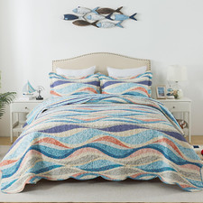 Coastal Queen Quilt Set - 3 Piece Lightweight Beach Bedspread for All Seasons