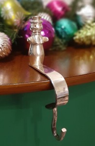 Heavy Silver Tone SNOWMAN Christmas Stocking Hanger Mantle Hook Holder
