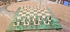 Vintage Green Jade Malachite & White Marble Chess Set – Handmade 14"x14" Inches