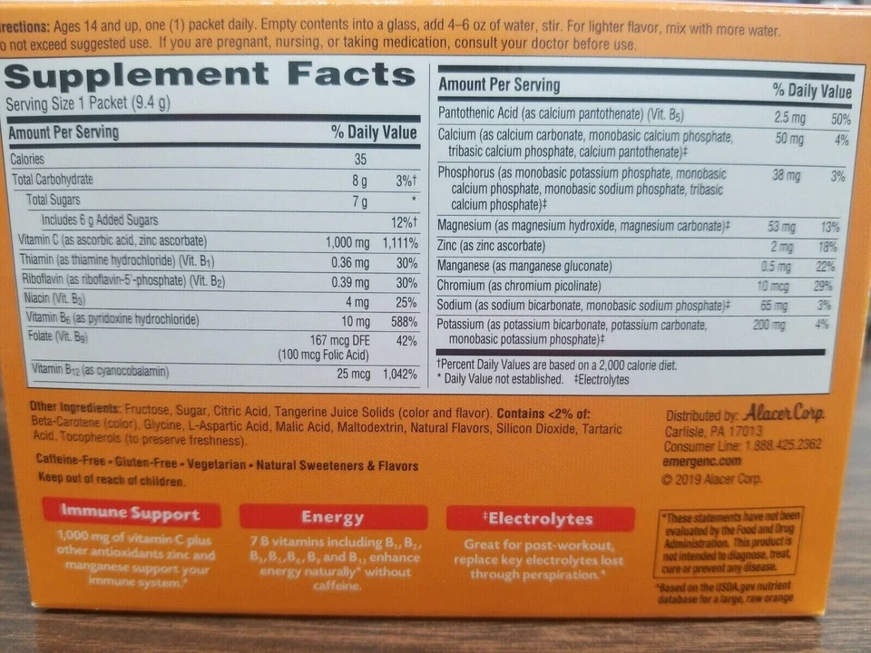 Mezcla de bebidas con sabor a mandarina vitamina C Emergen-C, 0,33 onzas cada una, 30 unidades Foto 2 de 4