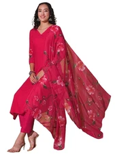 GoSriKi Women's Rayon Blend Straight Printed Kurta with Pant & Dupatta