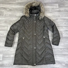 Kenneth Cole Reaction Olive Green Fur Hooded Zip Up Down Parka Winter Coat sz XL