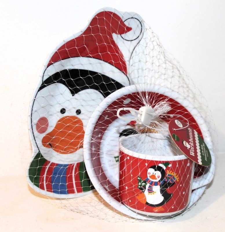 Xmas Penguin KIDS Melamine SET of 3 DINNERWARE by Santa Workbench PLATE BOWL MUG