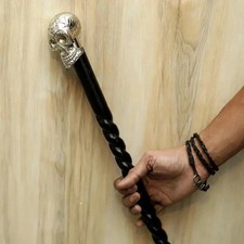 37'' Antique Chrome Brass Skull Head Handle Black Wooden Walking Stick Handmade
