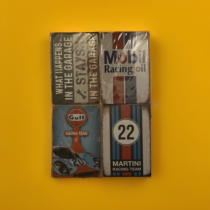 Lot of 4 Vintage Racing Metal Signs Gulf Martini Mobil Garage Decor