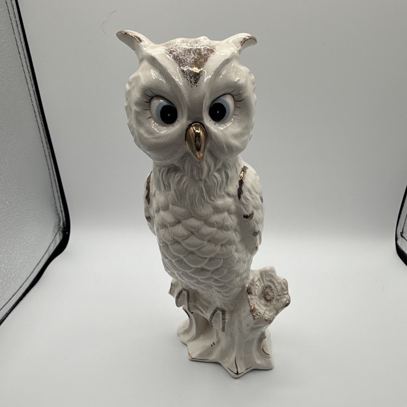 White Porcelain Owl Bird Figurine from Japan with Gold Accents