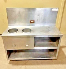 ELECTRIC 2 HEATED WELLS KITCHEN LINE SOUP STATION TABLE WITH BACKSPLASH GUARD