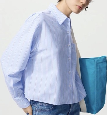 Uniqlo x JW Anderson Boxy Cropped Fit Blue Striped Button Down Shirt Small EUC