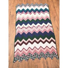Handmade Crochet Afghan Blanket Chevron Ripple Pink Green Blue Cream 74x42 Throw