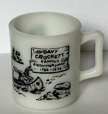 Vintage 50 s White Milk Glass Davy Crockett Mug 6 Ounces Black Graphics