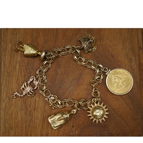 Vintage 14K Gold Charm Bracelet Liberty Head Coin Sun Scorpion Egyptian Charms
