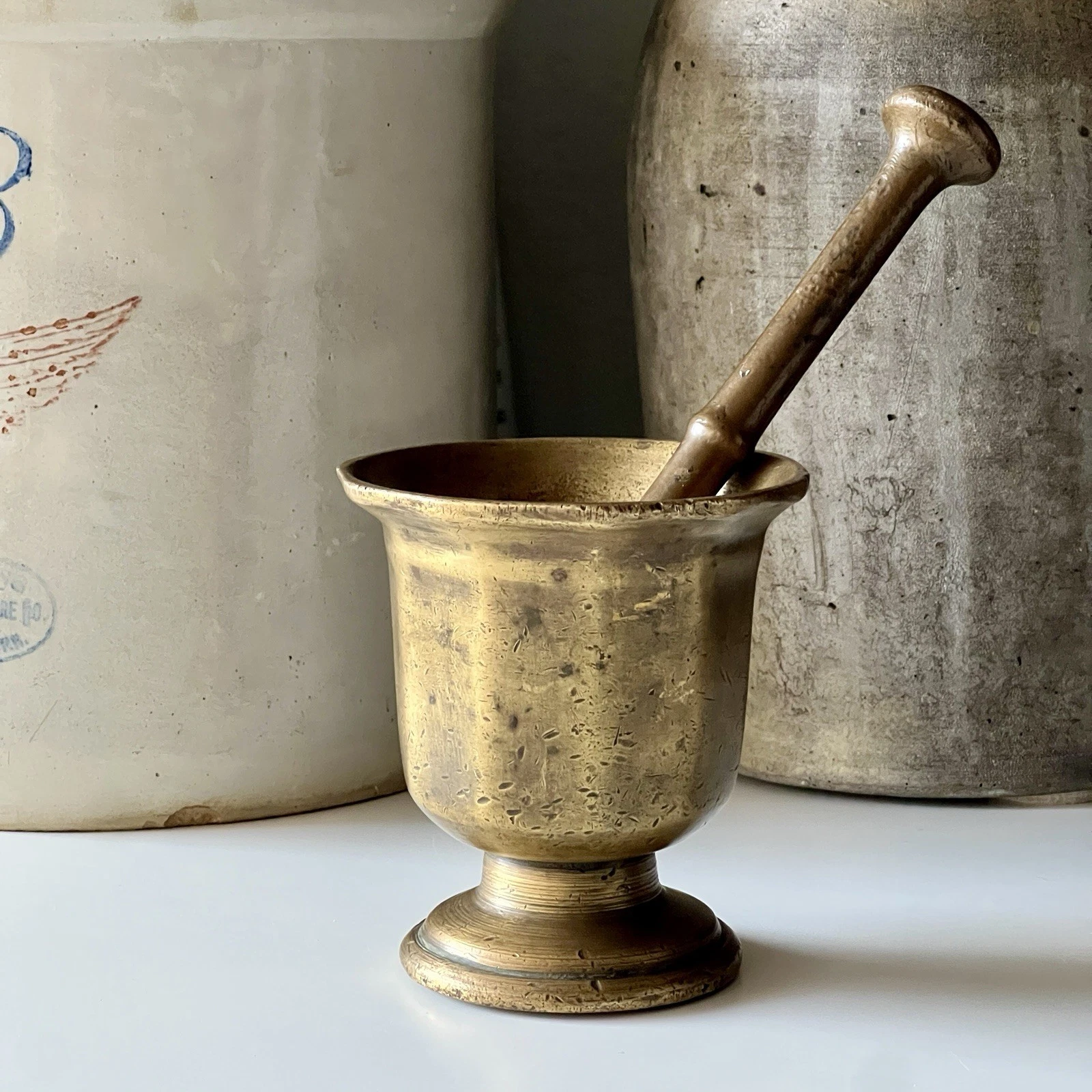 Antique Solid Brass Mortar and Pestle - Heavy Aged Holistic Apothecary Set