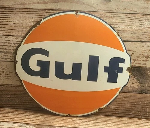 Large Vintage GULF Porcelain Metal Gas Pump Plate Sign