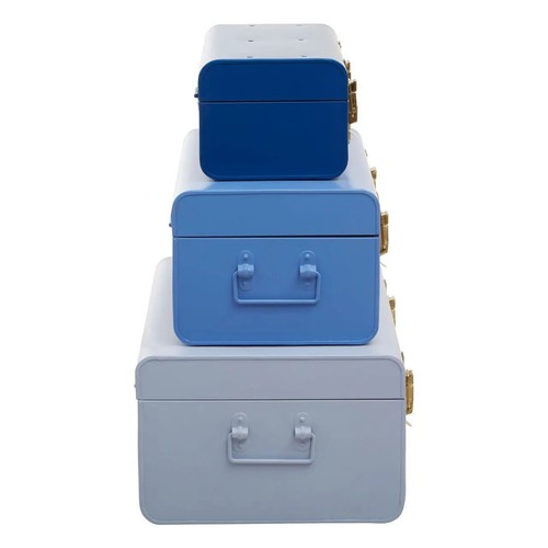 Parley Set of 3 Assorted Blue Storage Trunks Stackable Gold Clips Vintage Style - Picture 4 of 8