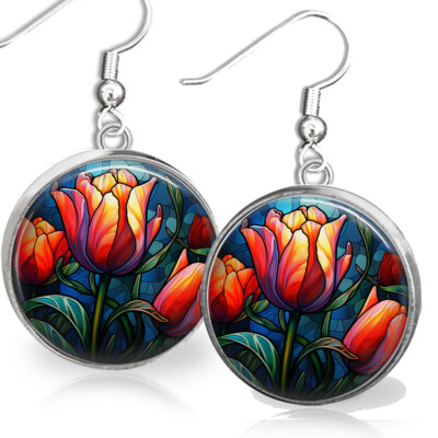 Tulip Earrings April Birth Month Flower Birthday Gift Faux Stained Glass  Art