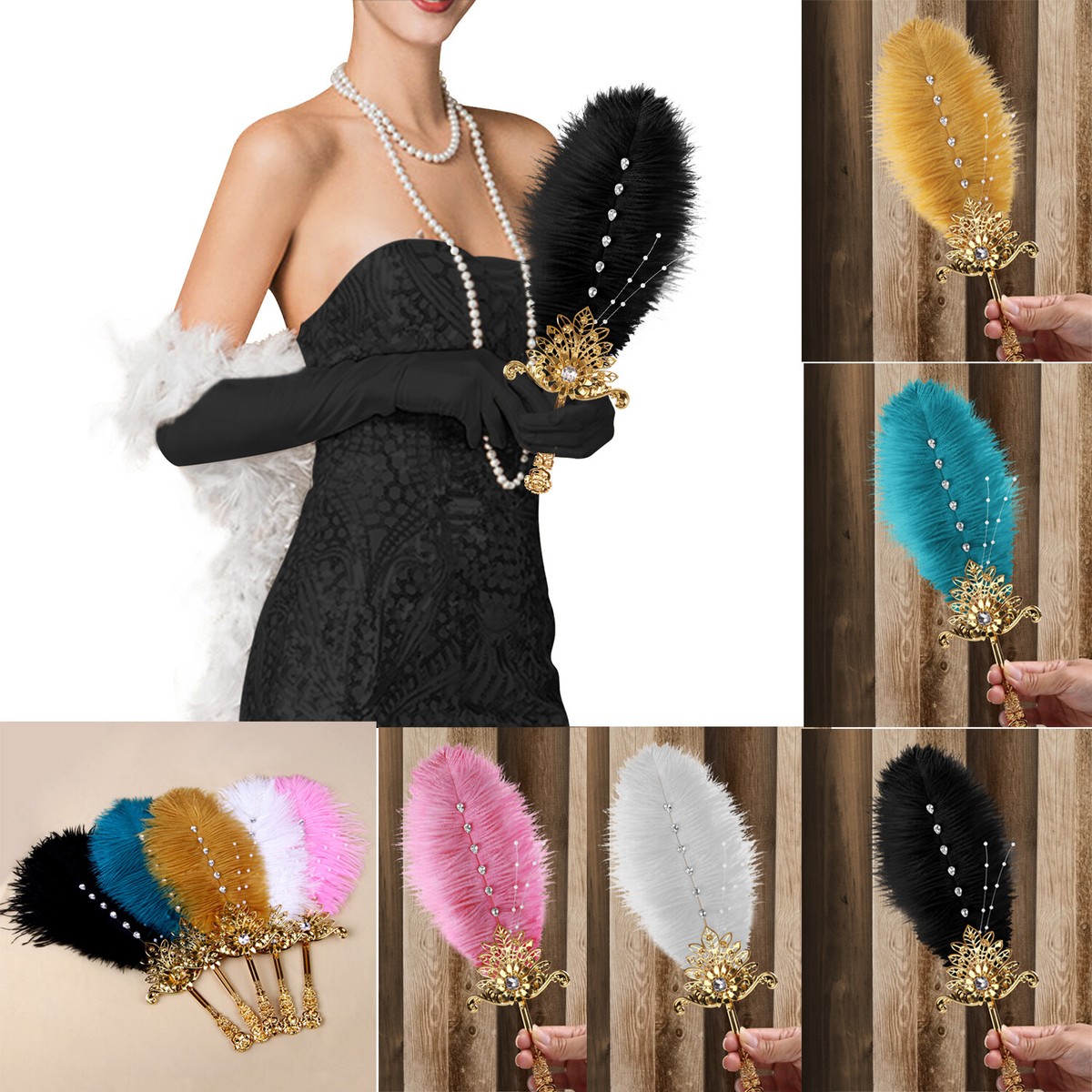 Handheld Ostrich Feather Fan 1920s Vintage Flapper Hand Fan 