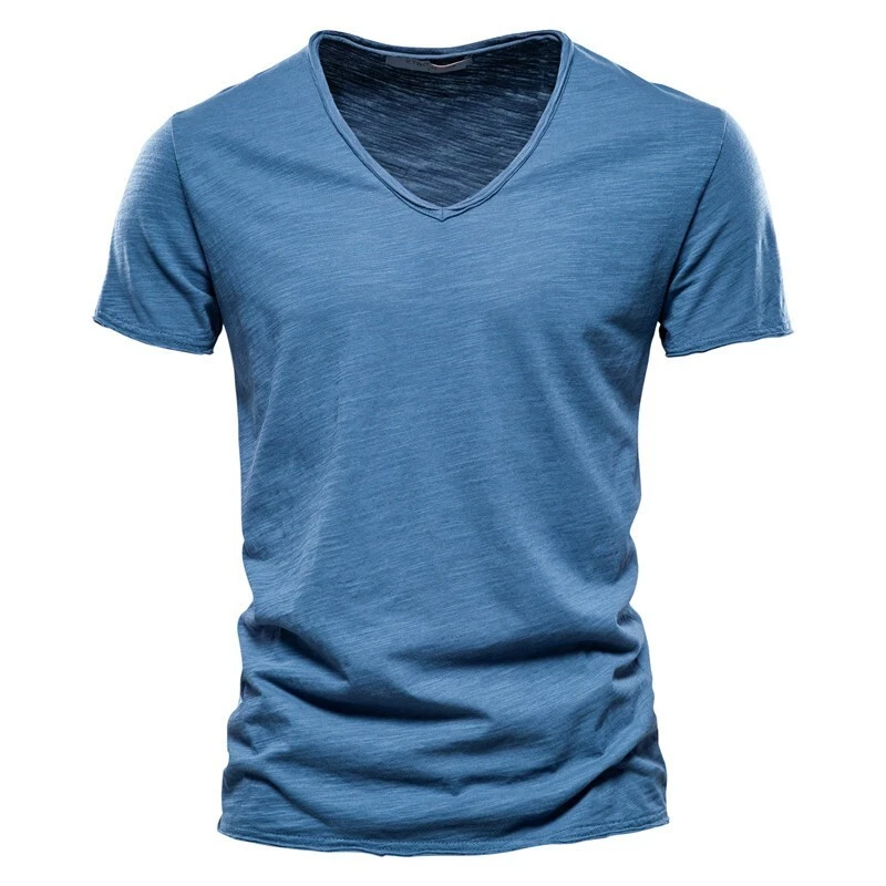 New Men T-shirt V-neck Cotton Short Sleeve Casual Slim Solid T Shirts Summer Tee - Image 4 of 4
