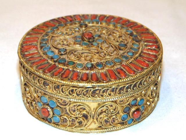 金工師 玉山銘 金属工芸 鋳銅製 蛇籠 鶺鴒 小鳥 骨董 古道具 Old TIBETAN NEPALESE Brass Turquoise & Coral Inlaid TRINKET