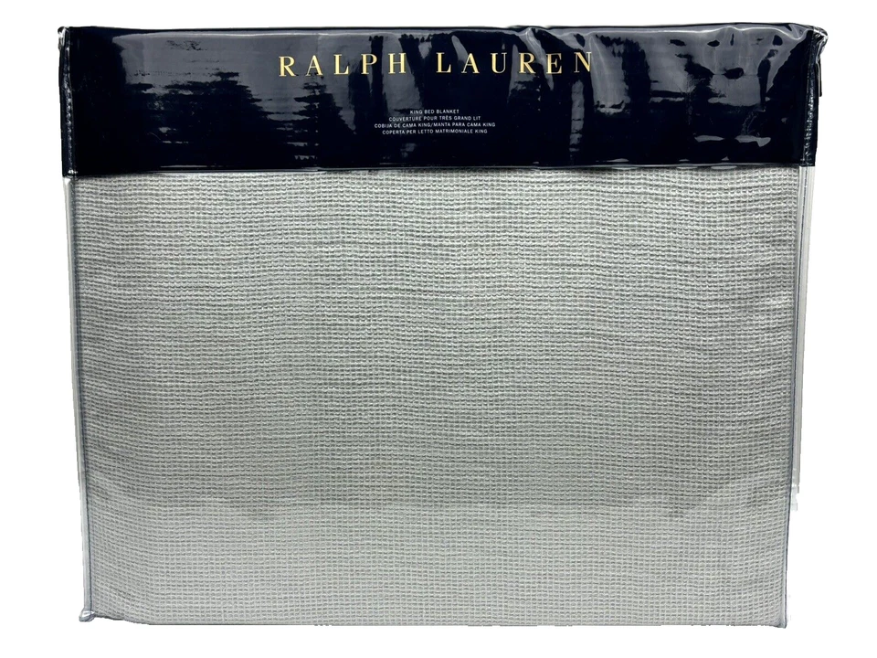 Manta de cama Ralph Lauren KING Rhys gris lino algodón patrón gofre Foto 3 de 4