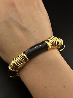 Vintage CINER Bamboo Black Enamel Gold Gilt Hinged Bangle Bracelet