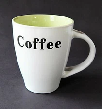 IQ Accessories Ceramic COFFEE Mug Typewriter Font White Green w Spoon Holder