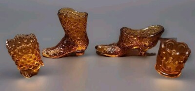 Gold Colored Glass Pair Of Decorative Boots Daisy & Button Pattern Plus 2 Shot 