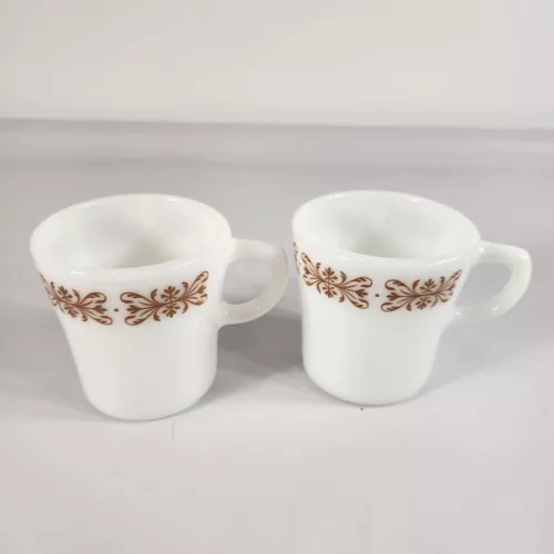 Pair of Vintage 6 oz. Pyrex Copper Filigree Coffee Mugs Cups #709, D Handle
