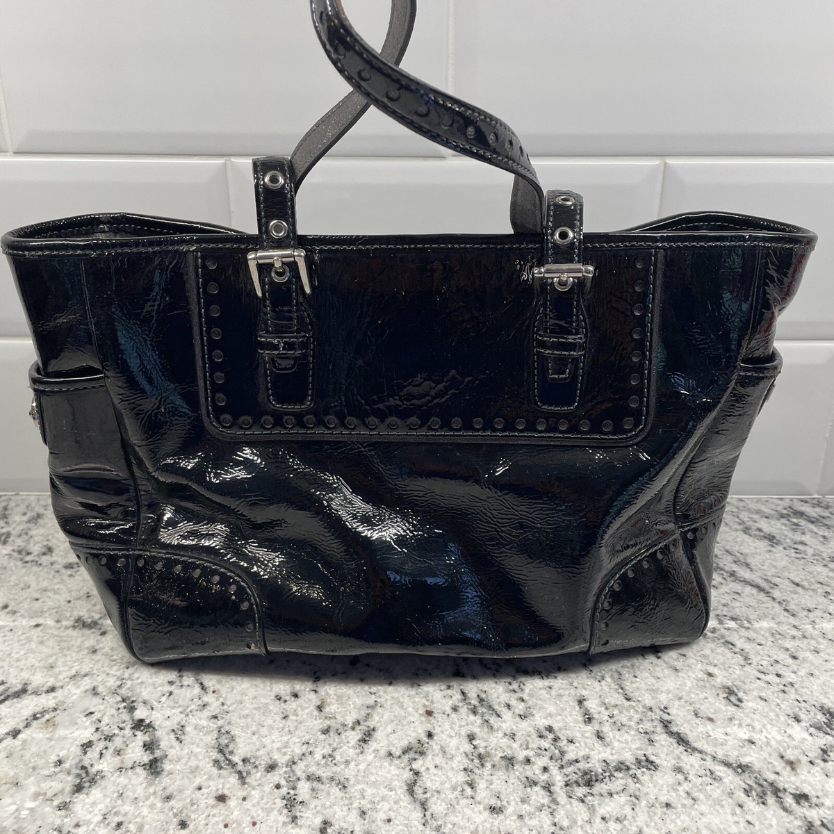 00's old coach enamel hand bag BLACK 黒 Vintage, Original Coach Hand Bag, Genuine Leather. Black