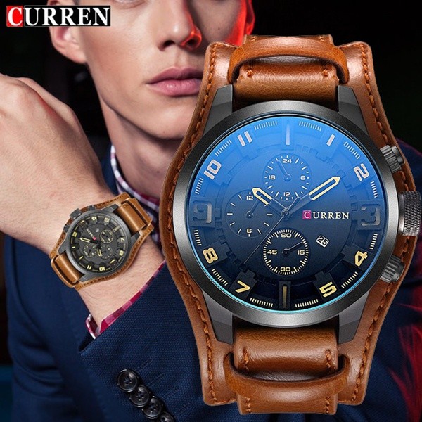 Montre quartz homme de style militaire en cuir véritable marron