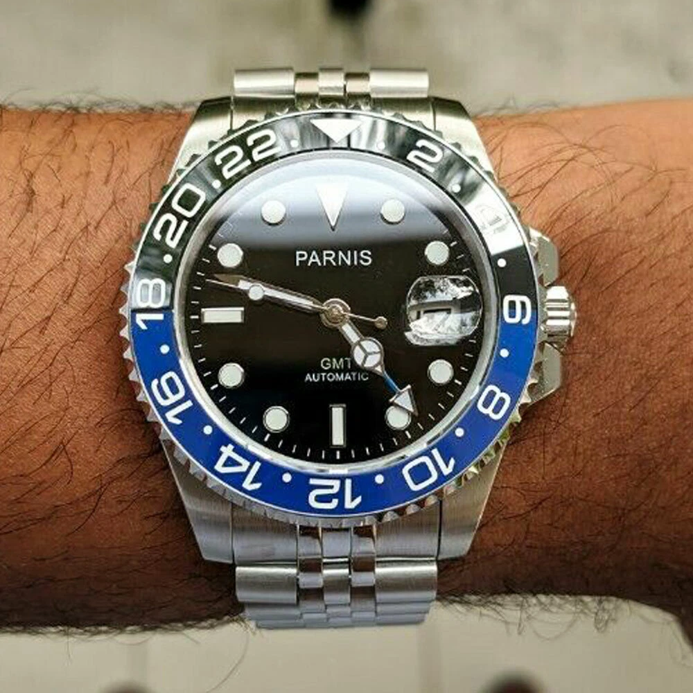 40mm PARNIS black dial ceramic jubilee Sapphire glass GMT automatic mens watch