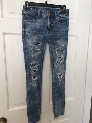 American Eagle Acid Wash Destoyed AEO Denim X Jegging Angle Super Stretch 0 R