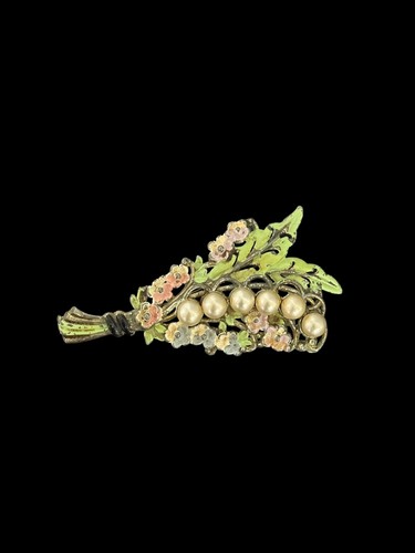 Vintage Bouquet Enamel Flowers Pearl Brooch Pin - Picture 3 of 7