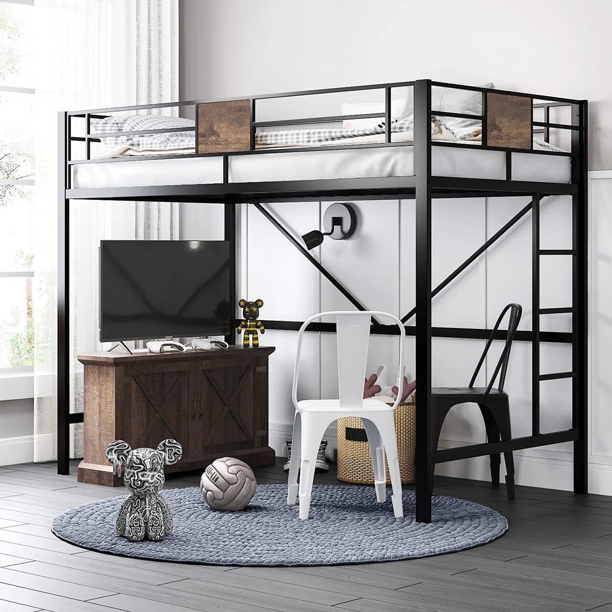SHA CERLIN Metal Twin Size Loft Beds Frame with Stairs Full