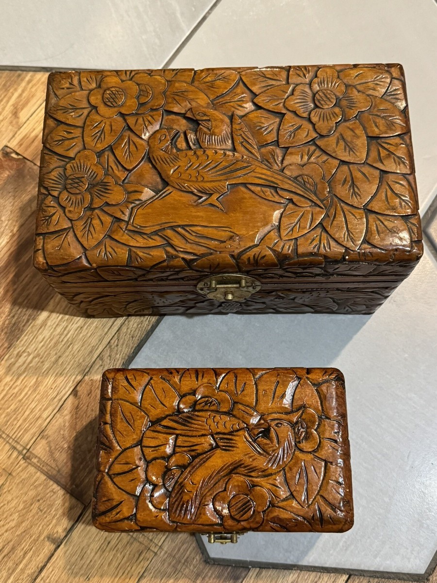 置物 vintage wood box 1980s Vintage 1970s Wood Box With Carved Lid and Mountain Scene Outside
