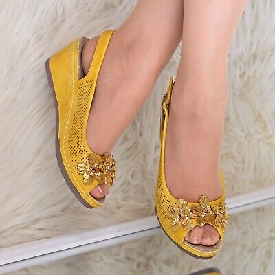 Womens Low Heel wedges Flower Slingback Sandals Shoes Floral Womens Low Heel wedges Flower Slingback Sandals Shoes Floral