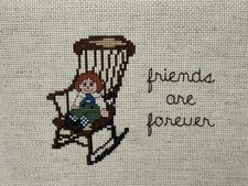 Completed Vintage Cross Stitch Friends are forever Rag Doll Rocking Chair 1984