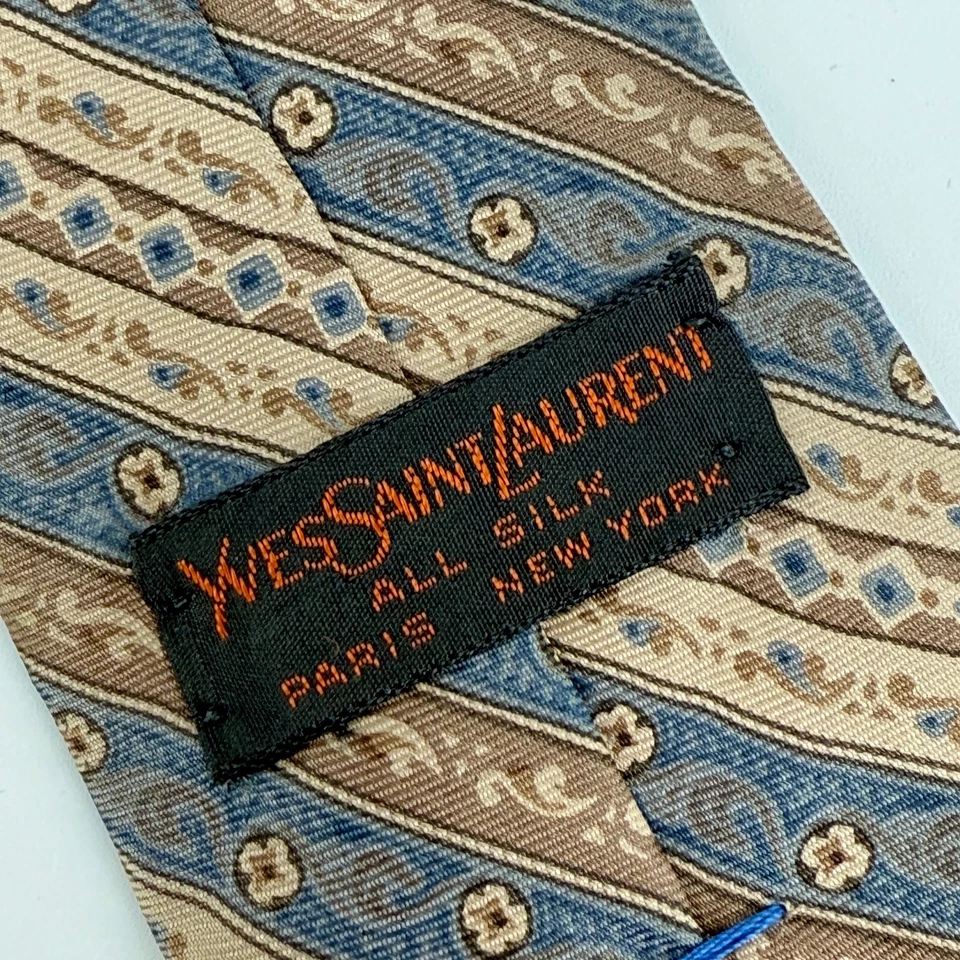 Corbata de Seda Yves Saint Laurent De Colección Ajustada Floral Paisley Rayas Diseñador Boho Años 90 Foto 2 de 4