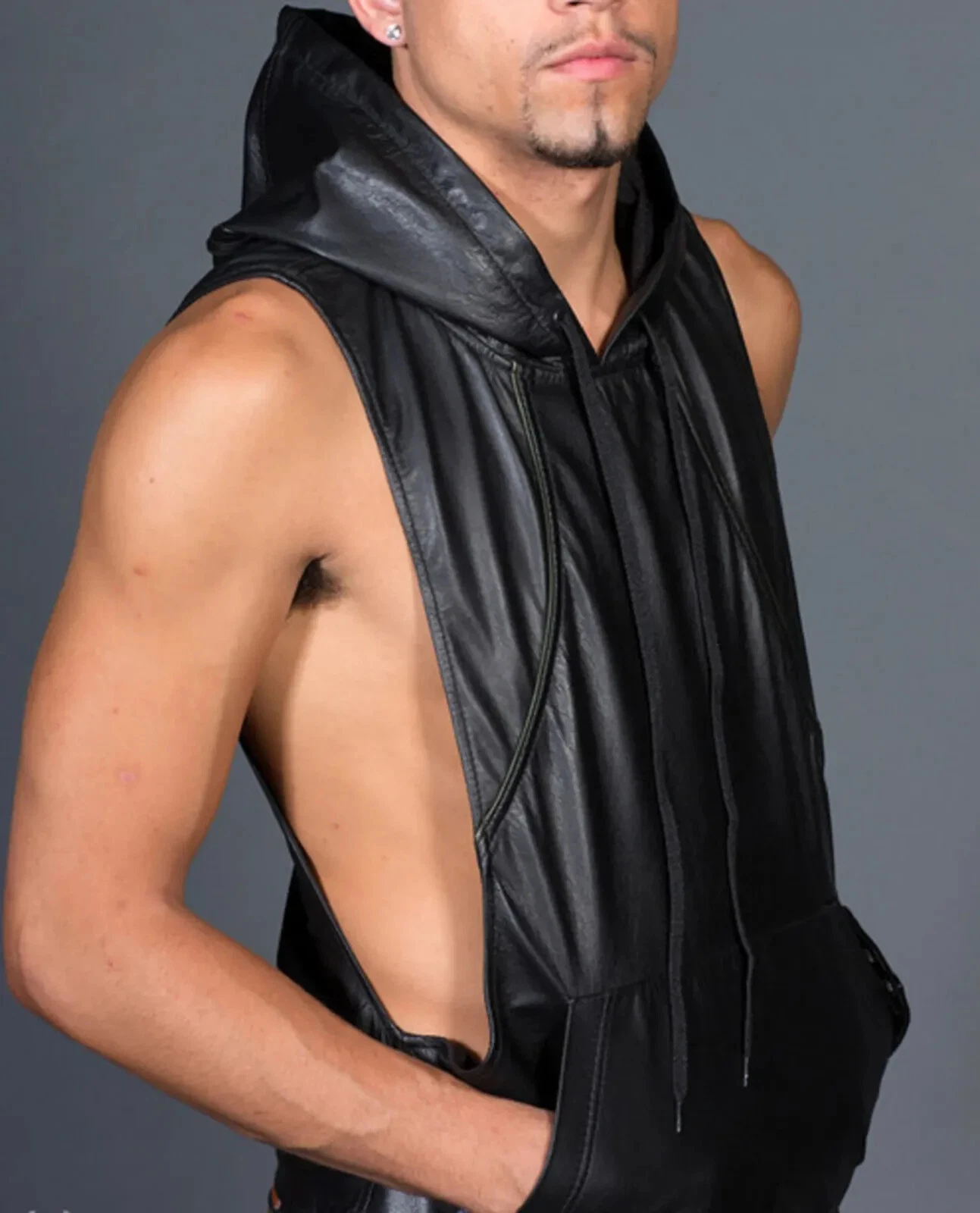 Mens New Black Motorcycle Hooded Leather Vest. Real Sheepskin Leather Biker Vest