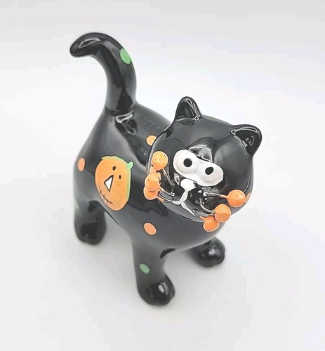 Gato Negro Halloween Gatito Estatuilla Pintada a Mano Calabaza Naranja Bola Bigotes - Imagen 10 de 14