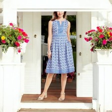 Talbots Sleeveless Poplin Sundress Dress Blue White Lined Sz 10 Waist wrap band