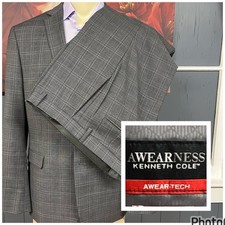 Kenneth Cole Suit Mens 46R Slim Fit Wool Blend Stretch Pants 40x32 Gray Plaid