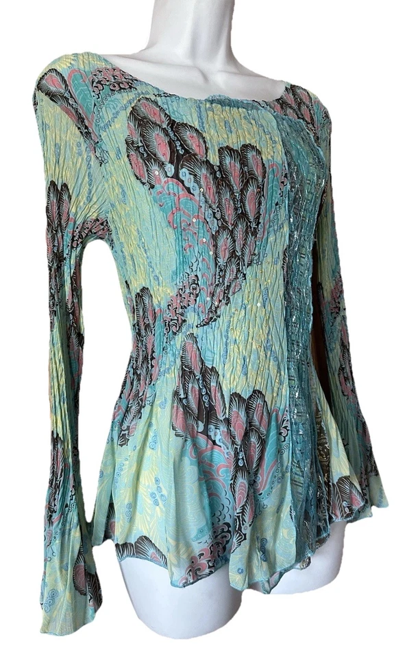 ALBERTO MAKALI Blouse Women’s Multicolor Crinkle Pleated Lace Boho Sheer Large - Image 2 of 4