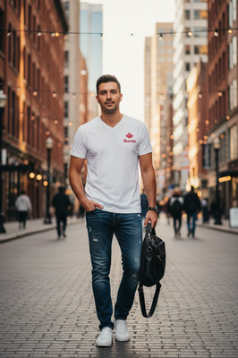 Roots Canada Herren Classic V-Neck T-Shirt 100% Baumwolle Logo Tee weiß L XL 2XL