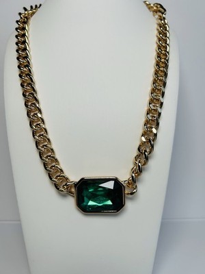Thalia Sodi Gold-Tone Chain Statement Necklace Green Faceted Stone