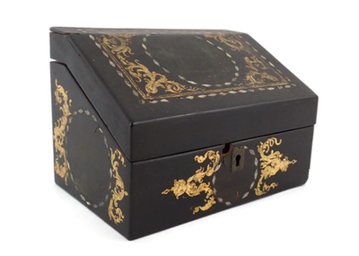 Victorian Stationary Box Black Lacquer and Papier Mache with Gold
