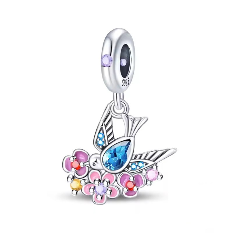 Bird Flower Dangle Charm Fit Bracelet Necklace, 925 Sterling Silver